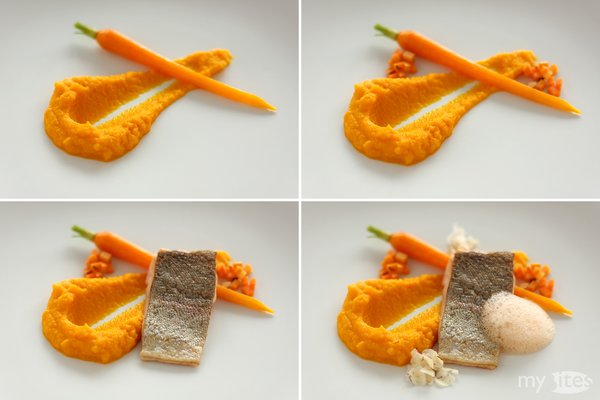 Plating the Orange Main Course: Carrot puree, sautéd young carrot, marinated carrot cubes, ginger-lime-carrot foam, hazelnut and ruby red rainbow trout