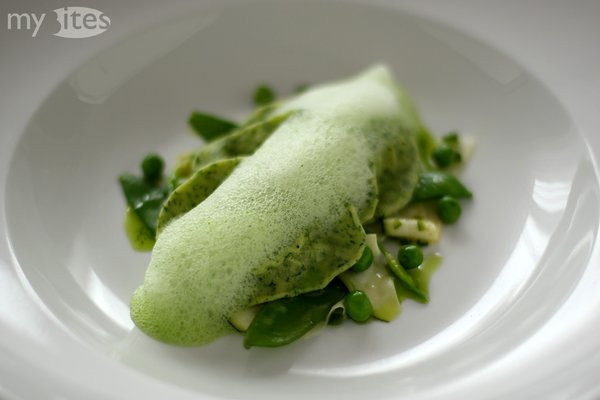 pea ravioli with marinated zucchini, snap peas and ramson foam