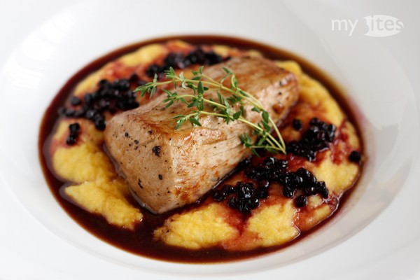 Pork Fillet with Elderberry Sauce and Peach Polenta