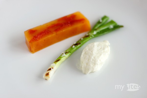 Tomato Terrine, Goat Cheese Espuma and Grilled Spring Onion