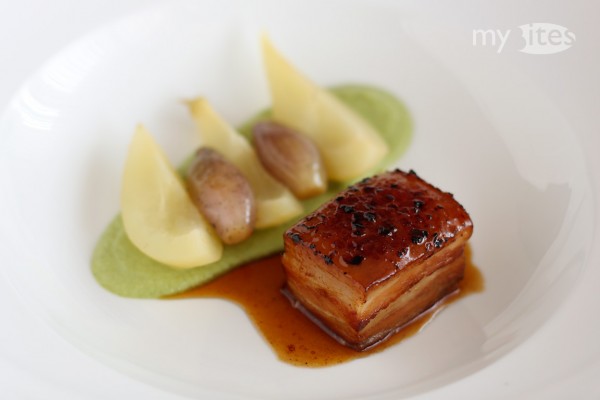 Pork Belly Glazed with Pine Tree Honey, Green Bean Puree, Vanilla Shallots and White Wine Pears