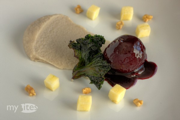 Beets with Cashew-Salsify Puree, Apple, Walnut and Kale Chips