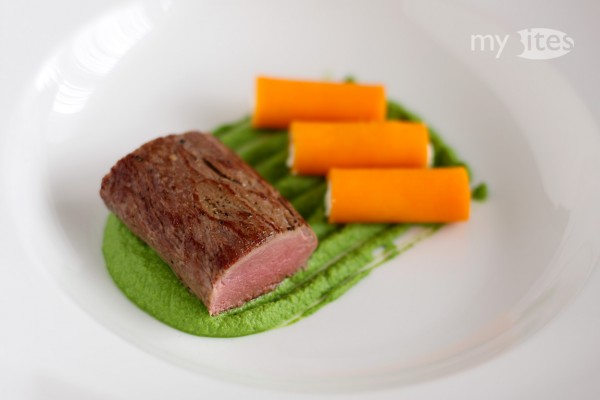 Venison Sirloin with Macadamia-Kale Puree and Butternut Squash-Goat Cheese Cannelloni