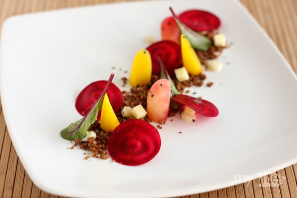 Colorful Beetroot Salad on Pumpernickel Crumbs