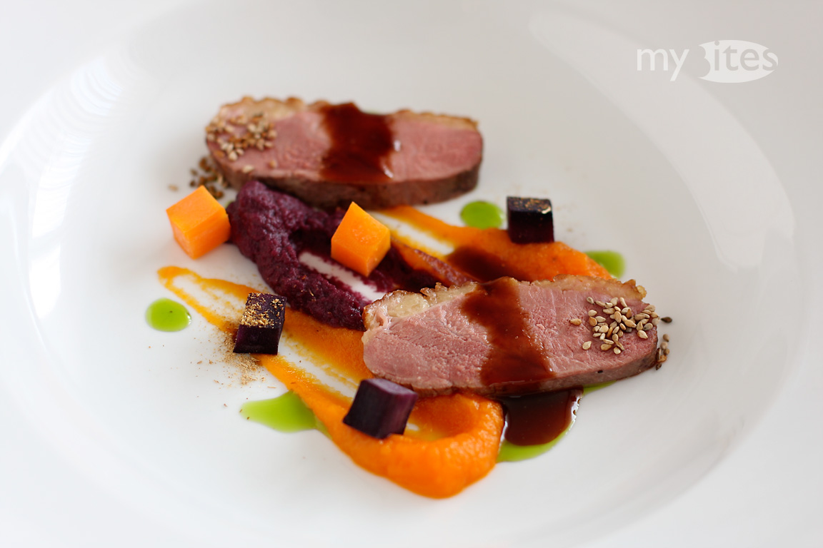 Duck Breast with Purple and Orange Carrot Puree myBites