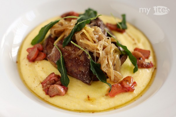 Calf's Liver with Ginger-Onion Marmalade, Rhubarb, Crispy Sage and Polenta