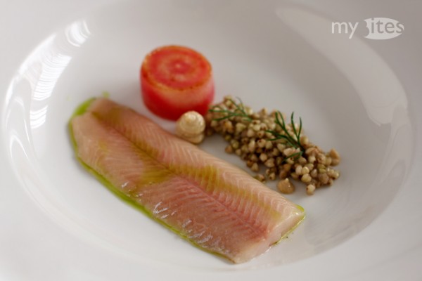 Coconut Trout Confit with Beetroot Fondant, Buckwheat and White Poppy Seed and Lemon Puree