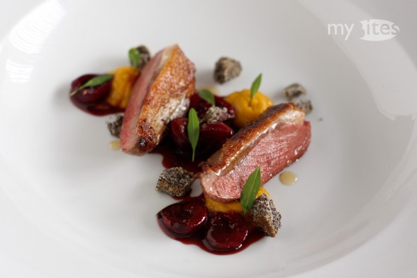 Pigeon Breast with Sour Cherry Sauce, Poppy Seed Crumbs and Sweet Potato Puree