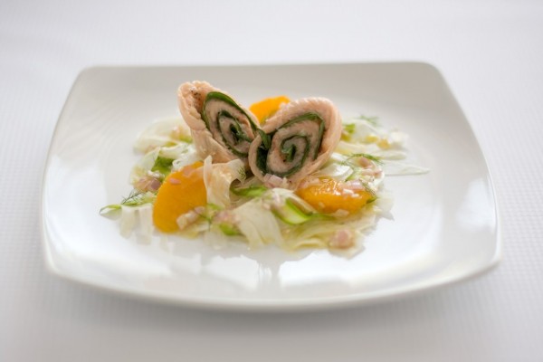 Basil-Trout Roll with Orange-Fennel-Asparagus Salad