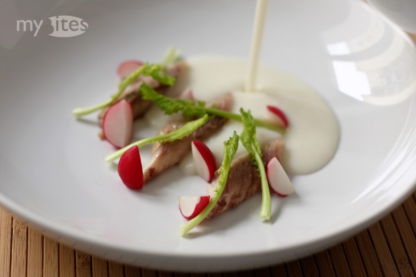 Smoked Herring with Buttermilk and Turnip Cream Soup, Radish, Poppy Seed Oil and Hemp Seeds