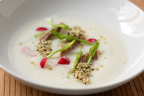 Smoked Herring with Buttermilk and Turnip Cream Soup, Radish, Poppy Seed Oil and Hemp Seeds